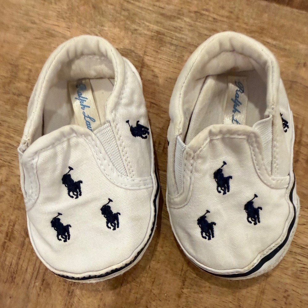 Ralph Lauren Baby Boys White Canvas Navy Pony Logo Slip On Shoes Size 3